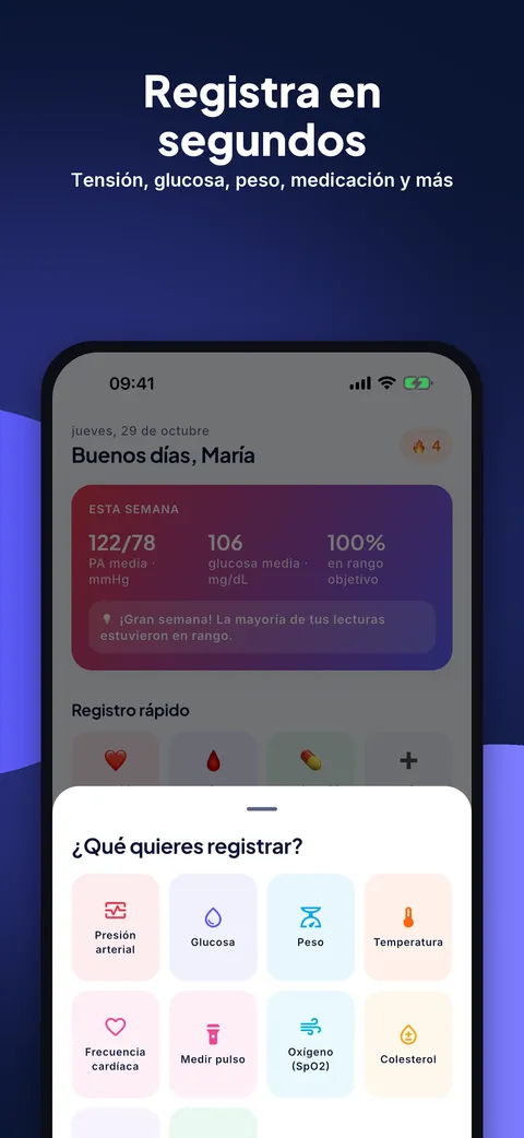 Registrar una medición de glucosa o tensión