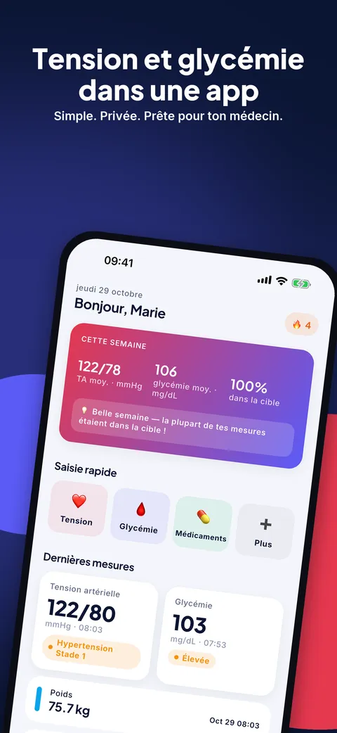 Écran d’accueil de l’appli glycémie et tension