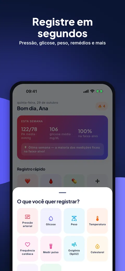 Registrar uma medição de glicose ou pressão